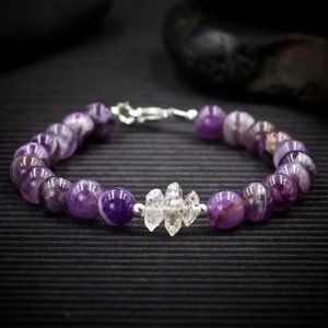 Dogtooth Amethyst and Herkimer Diamond Bracelet - Handmade to Order